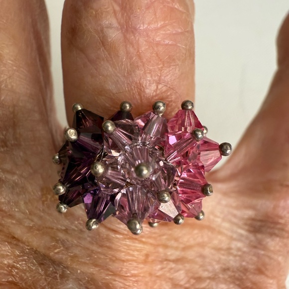 Vibrant Cha Cha Cluster Sterling Silver Pink , Lavender and Purple Crystal Ring - Picture 9 of 13